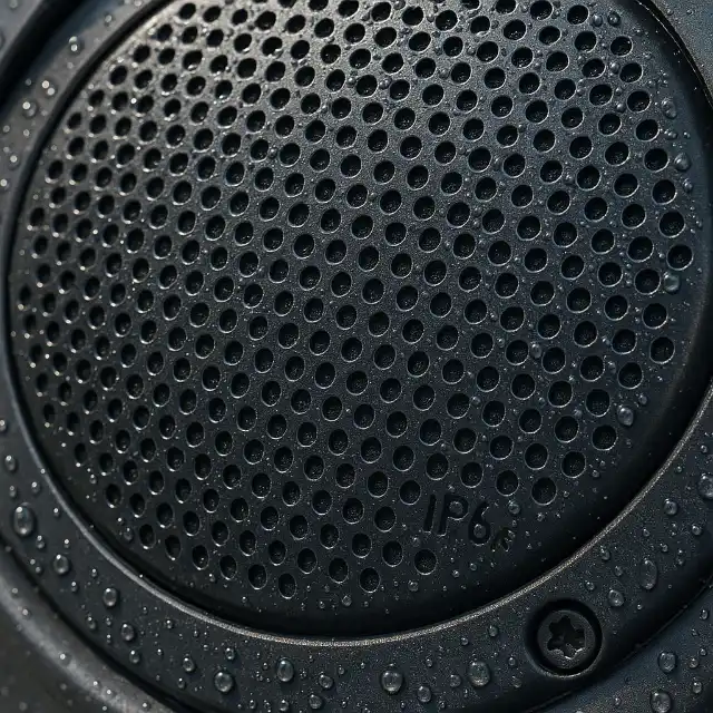 IP rated speaker with water droplets on it by vautex