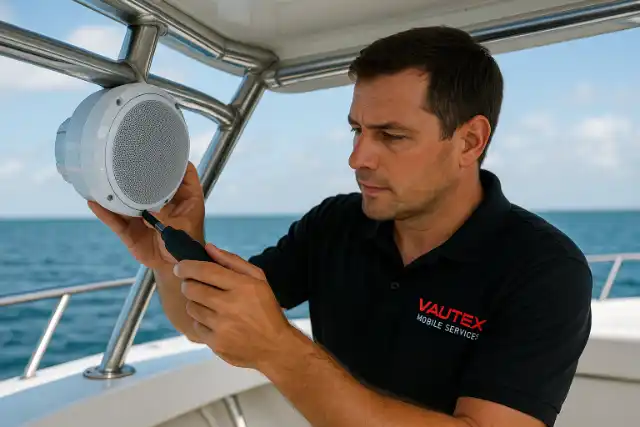 Marine technician installing audio system on boat