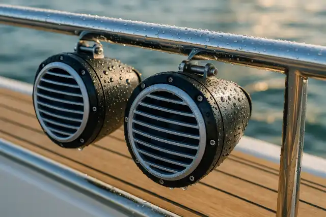 marine audio system mounted to boat rail